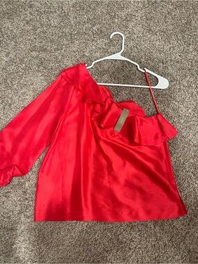 J. Crew Red One-Shoulder Ruffle Satin Blouse